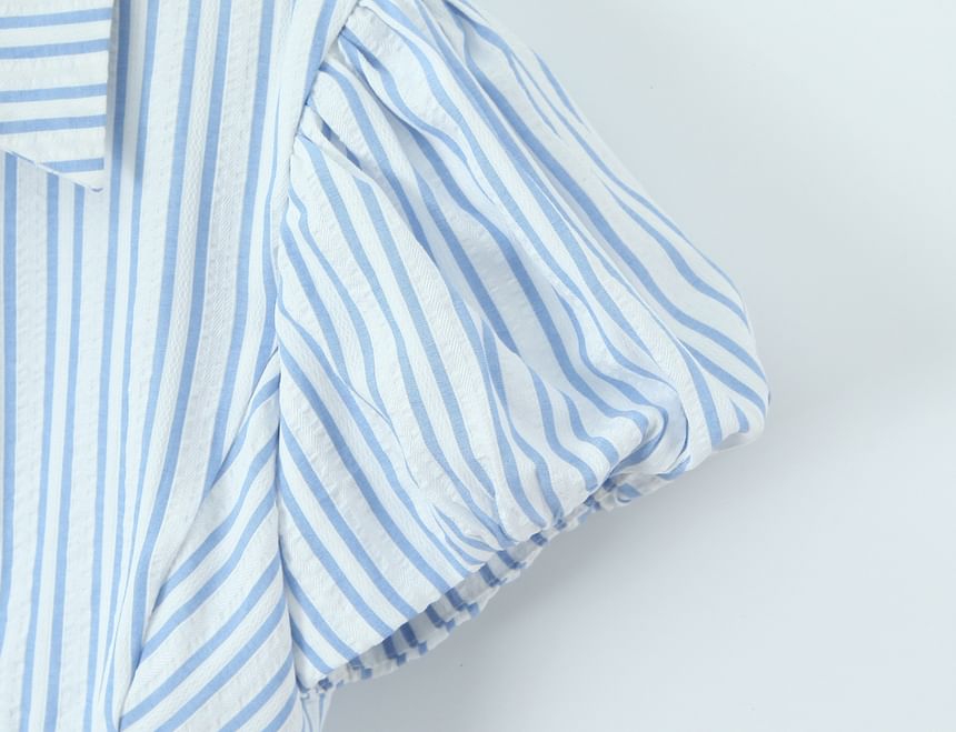 Striped Slim-Fit Button-Up with Puffed Sleeves