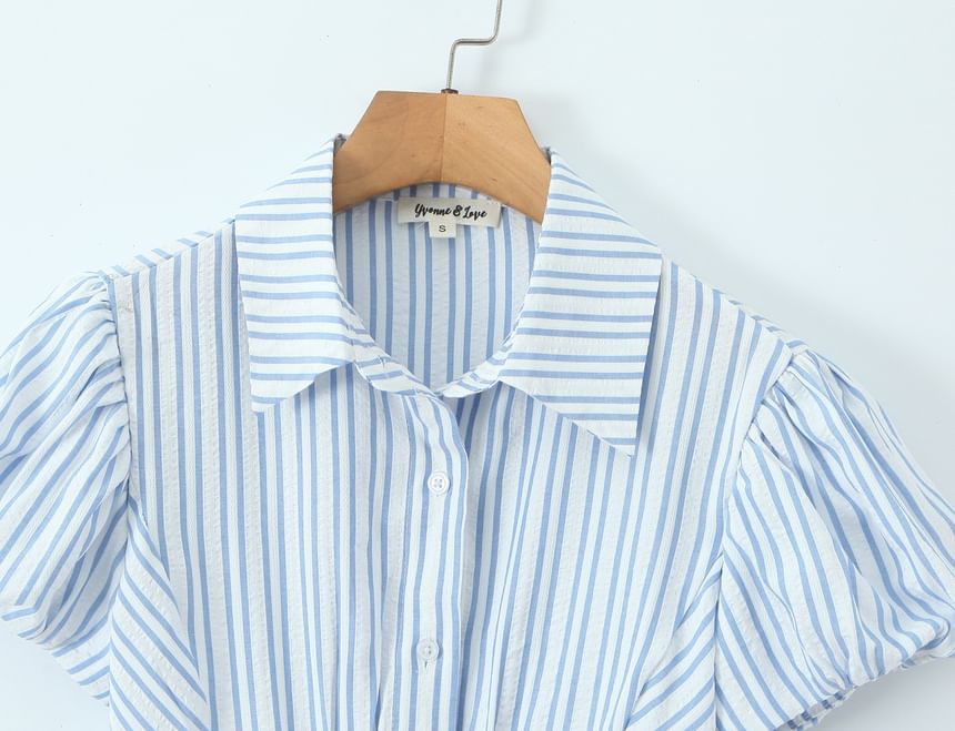 Striped Slim-Fit Button-Up with Puffed Sleeves