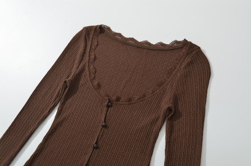 Long Sleeve Square Neck Plain Lace-Trim Perforated Slim-Fit Light Cardigan