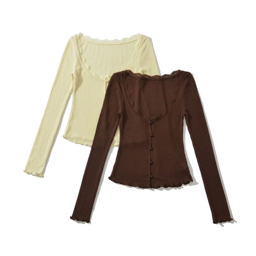 Long Sleeve Square Neck Plain Lace-Trim Perforated Slim-Fit Light Cardigan