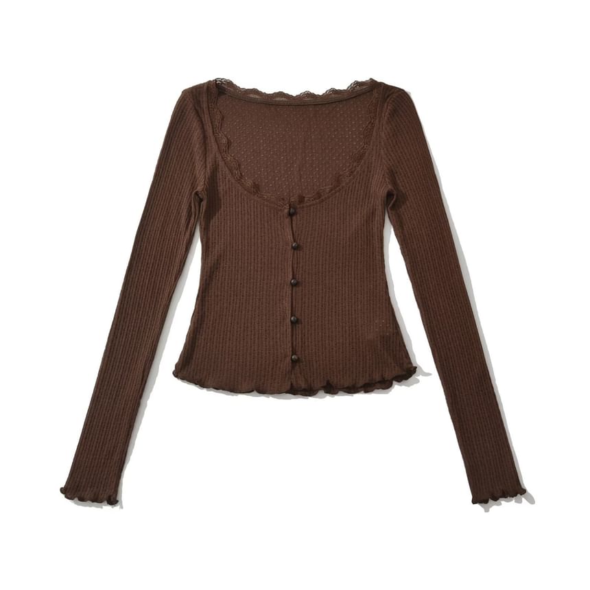Long Sleeve Square Neck Plain Lace-Trim Perforated Slim-Fit Light Cardigan