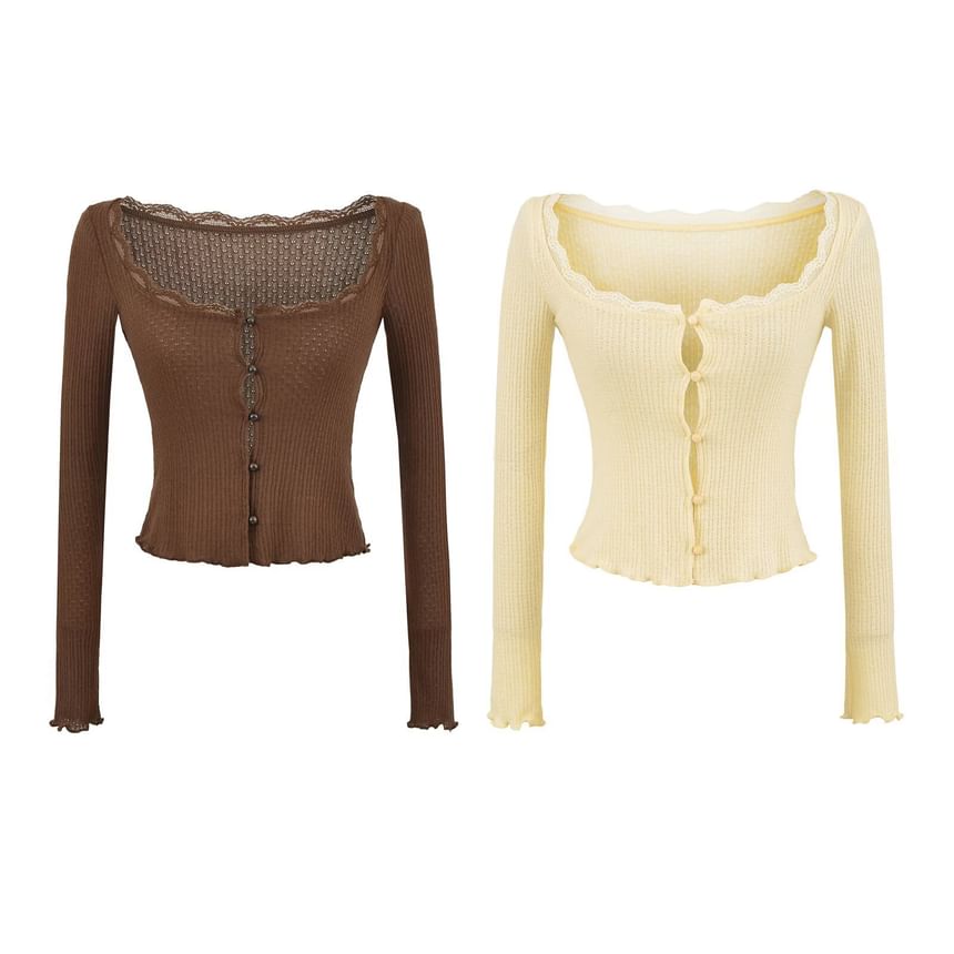 Long Sleeve Square Neck Plain Lace-Trim Perforated Slim-Fit Light Cardigan