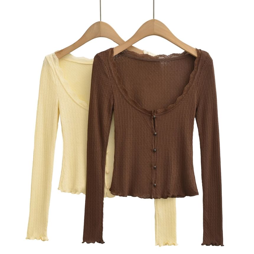Long Sleeve Square Neck Plain Lace-Trim Perforated Slim-Fit Light Cardigan