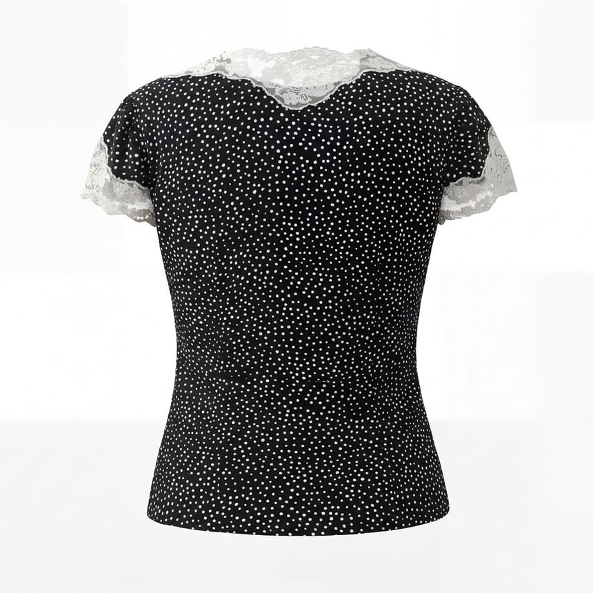 Short Sleeve V-Neck Lace Trim Dotted Fitted Top and High Waist Mini Skirt