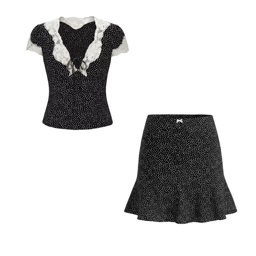 Short Sleeve V-Neck Lace Trim Dotted Fitted Top and High Waist Mini Skirt