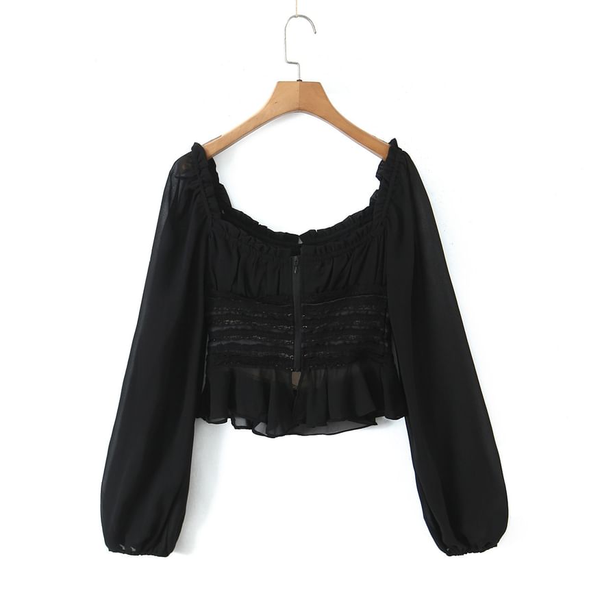 Square-Neck Puff-Sleeve Blouse with Lace Ruffle Trim