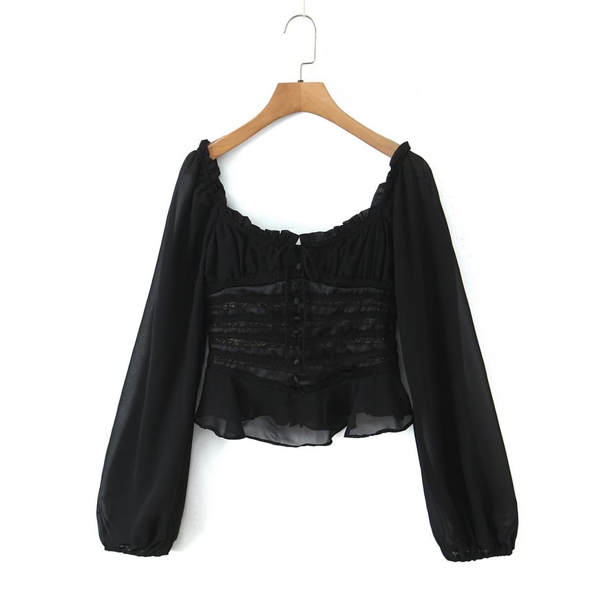 Square-Neck Puff-Sleeve Blouse with Lace Ruffle Trim
