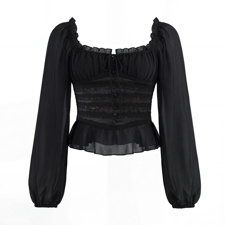 Square-Neck Puff-Sleeve Blouse with Lace Ruffle Trim