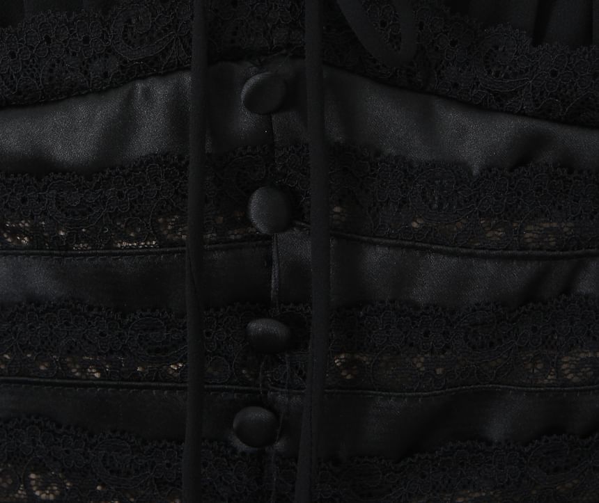 Puff Sleeve Square Neck Ruffled Lace Panel Fitted Blouse
