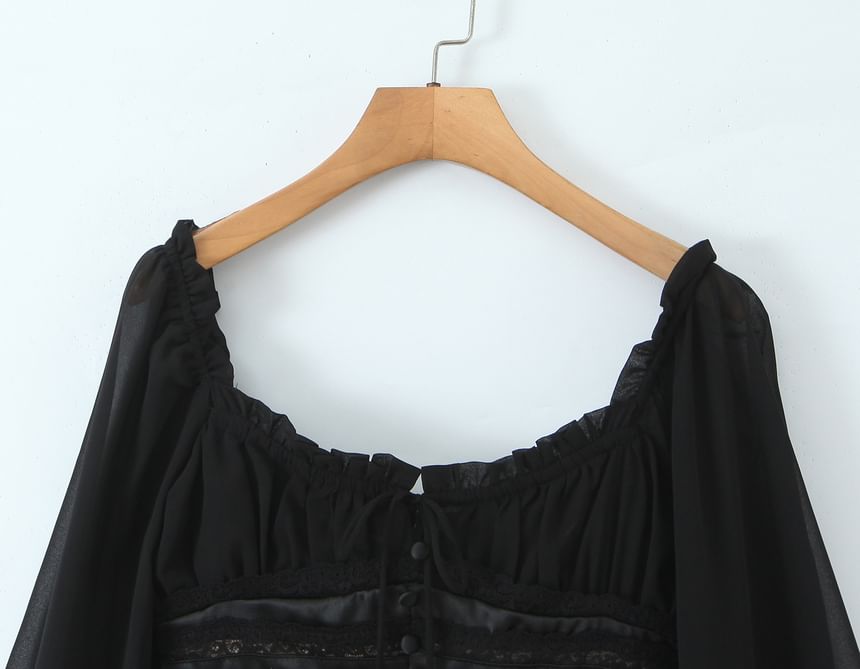 Square-Neck Puff-Sleeve Blouse with Lace Ruffle Trim