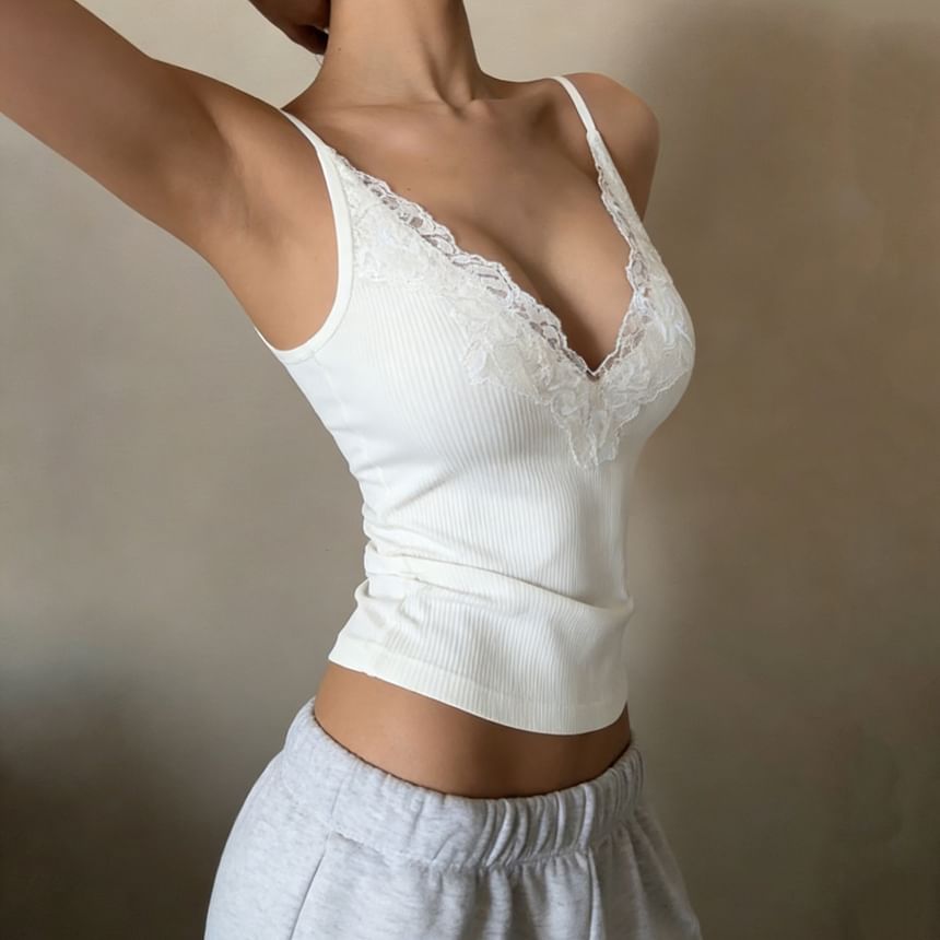 Lace-Trimmed V-Neck Crop Camisole, Fitted