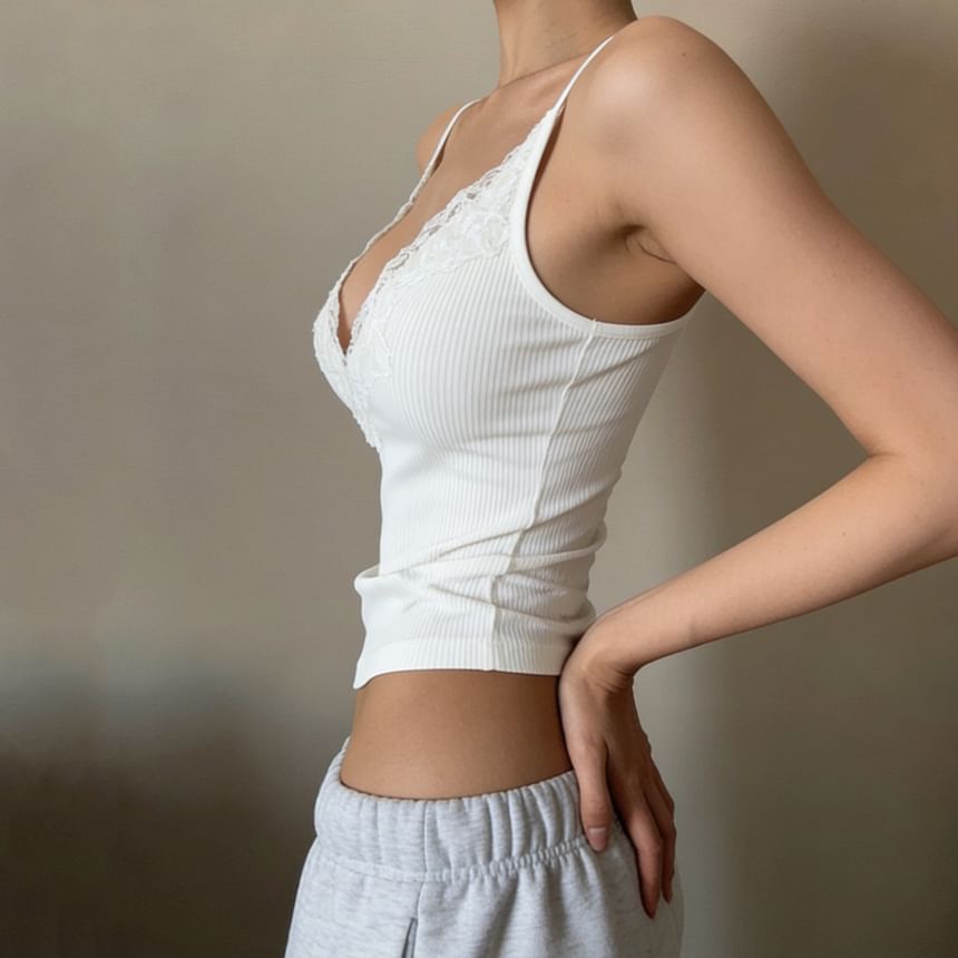 Lace-Trimmed V-Neck Crop Camisole, Fitted