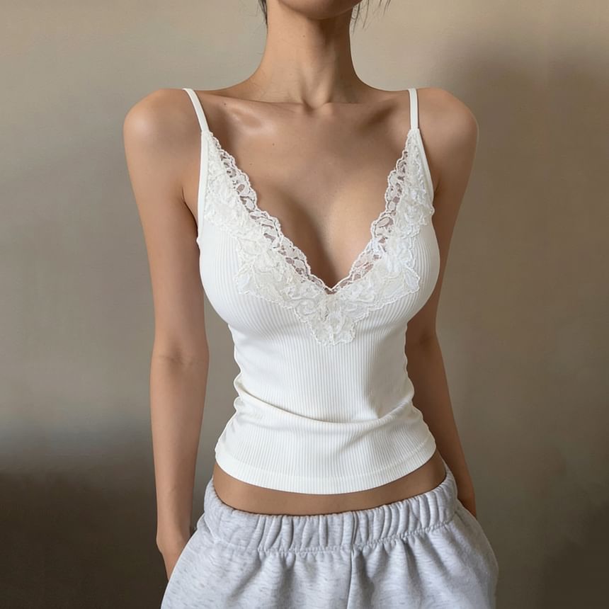 Lace-Trimmed V-Neck Crop Camisole, Fitted
