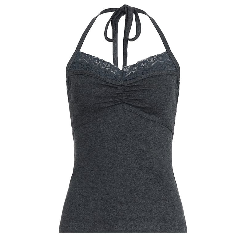 Ruched Open-Back Halter Camisole with Lace Trim