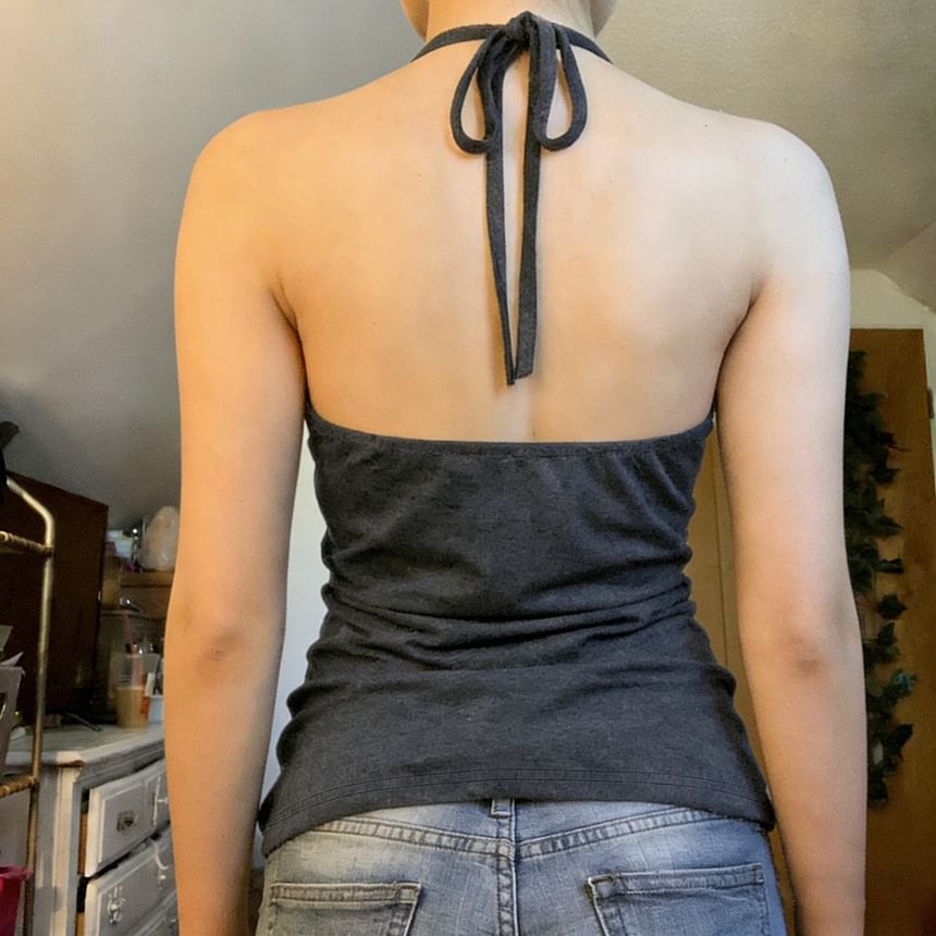 Ruched Open-Back Halter Camisole with Lace Trim