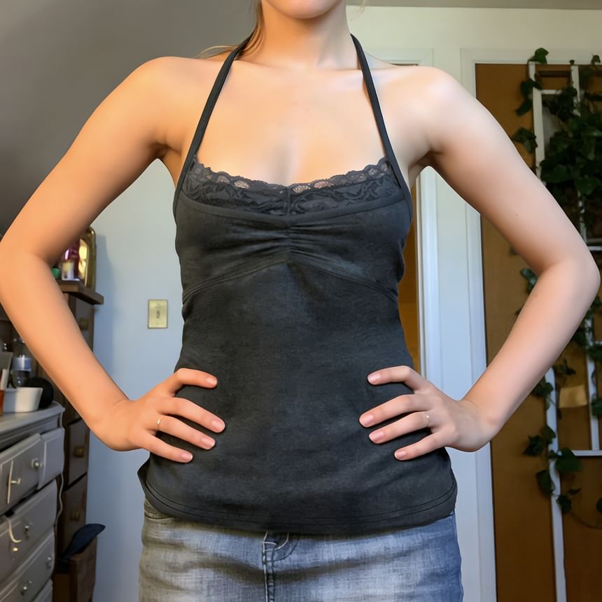 Ruched Open-Back Halter Camisole with Lace Trim