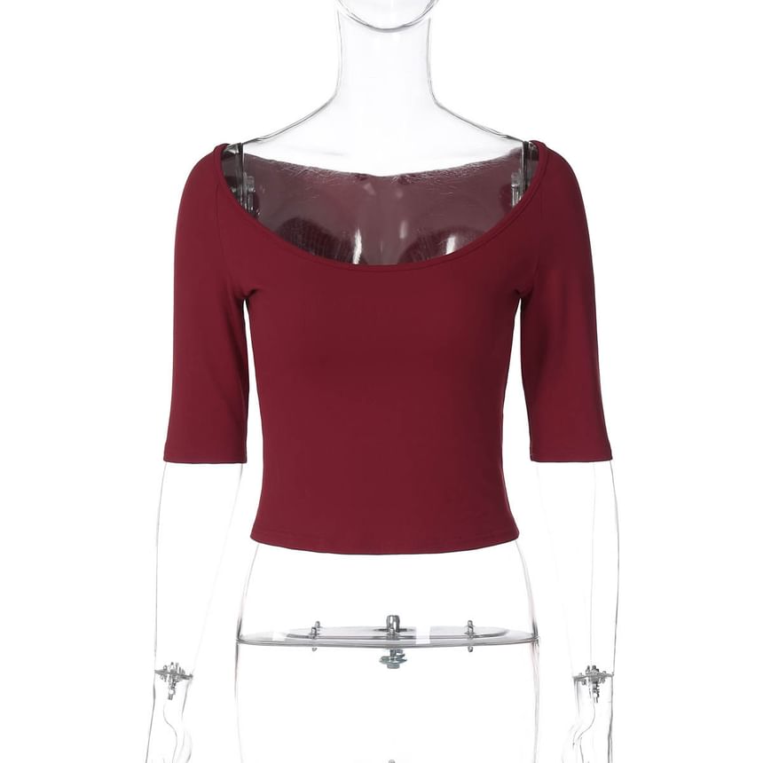 Scoop Neck Fitted Tee, Elbow-Length Sleeves