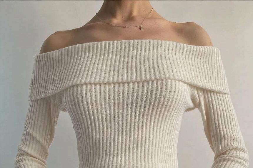 Ribbed Knit Off-Shoulder Crop Top, Long Sleeves