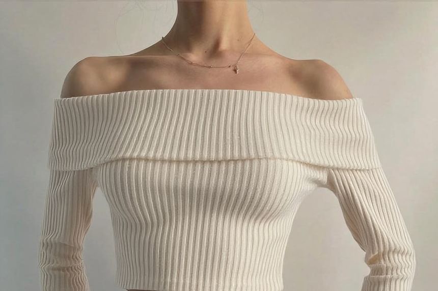 Ribbed Knit Off-Shoulder Crop Top, Long Sleeves