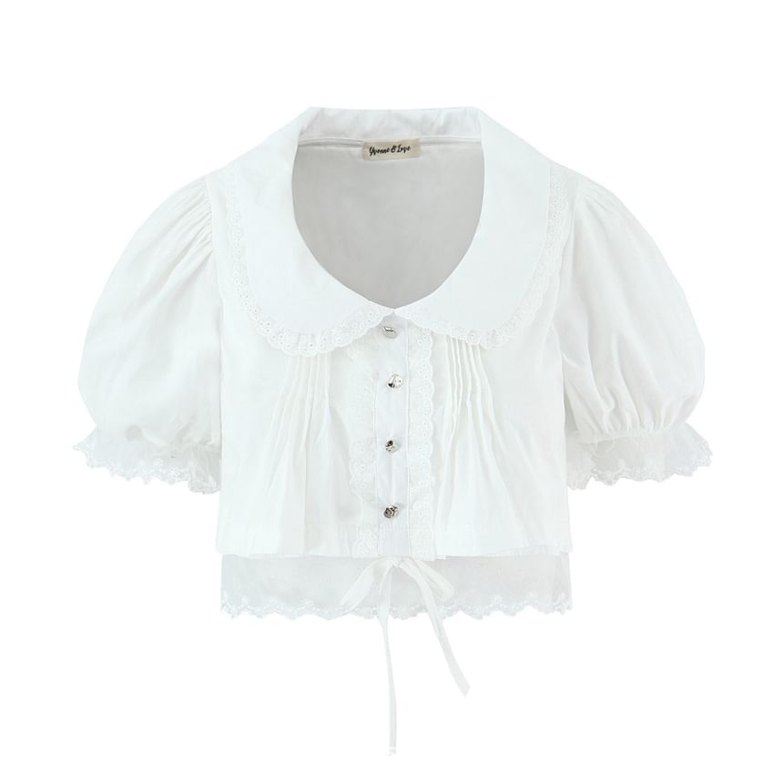 Puff Sleeve Peter Pan Collar Lace Trim Crop Blouse in Solid