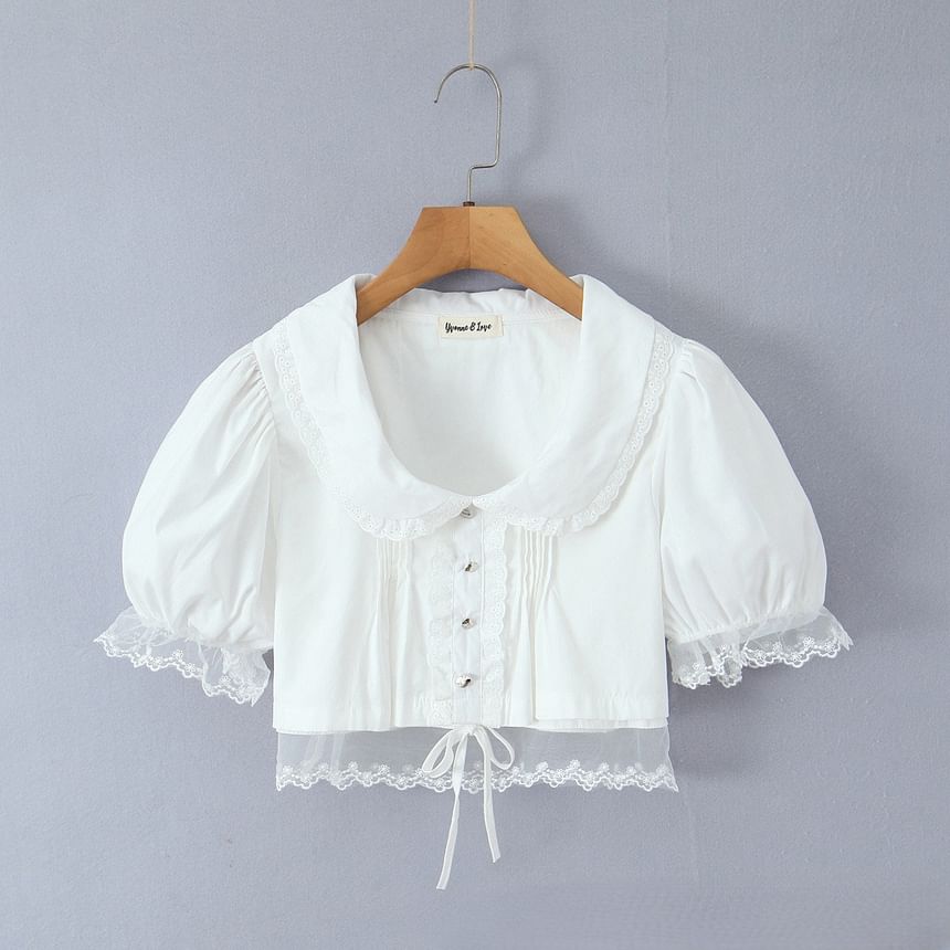 Puff Sleeve Peter Pan Collar Lace Trim Crop Blouse in Solid