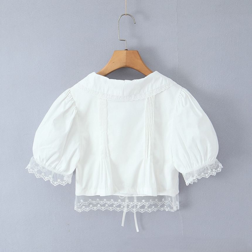 Puff Sleeve Peter Pan Collar Lace Trim Crop Blouse in Solid