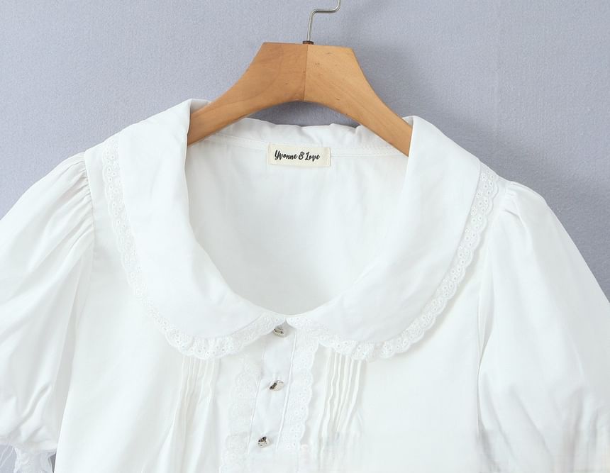 Puff Sleeve Peter Pan Collar Lace Trim Crop Blouse in Solid
