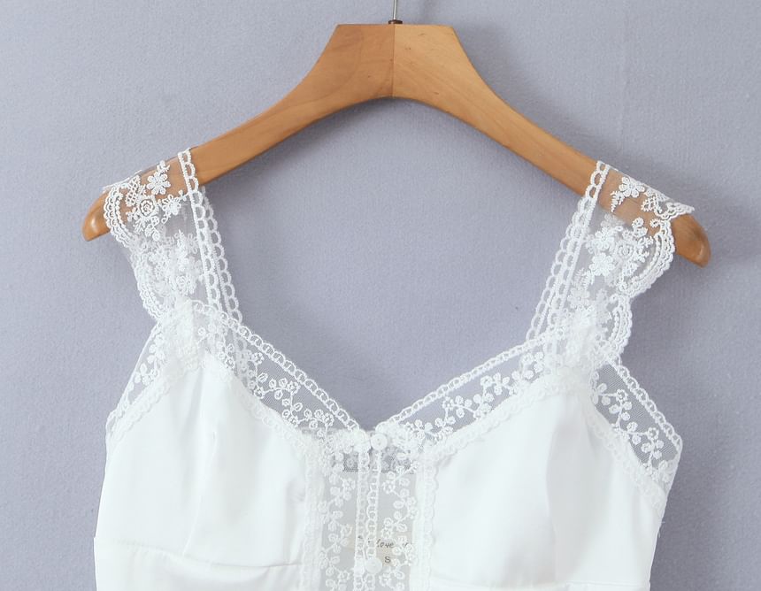 V-Neck Lace Panel Satin Fitted Crop Tank Top