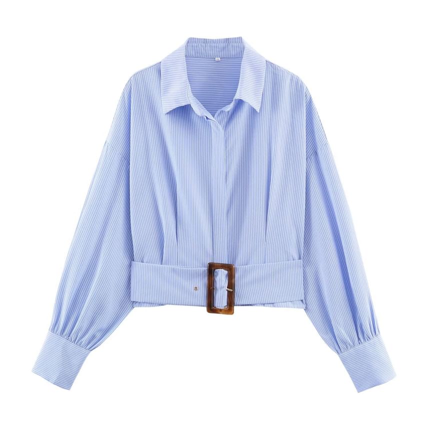 Striped Loose-Fit Cropped Shirt, Long Sleeves