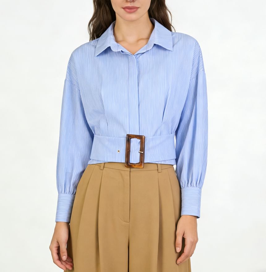 Striped Loose-Fit Cropped Shirt, Long Sleeves