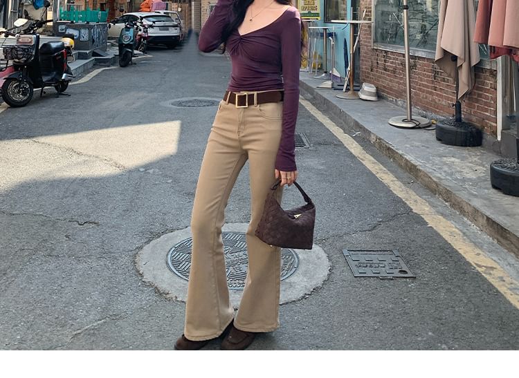 Ruched V-Neck Slim-Fit Long-Sleeve Tee
