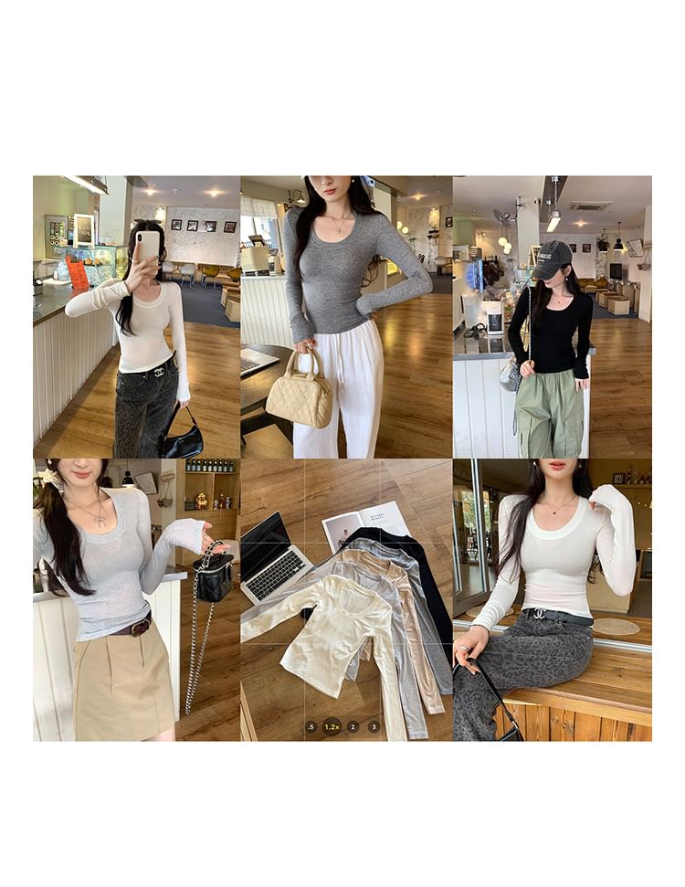 Scoop Neck Slim-Fit Crop Long-Sleeve Tee