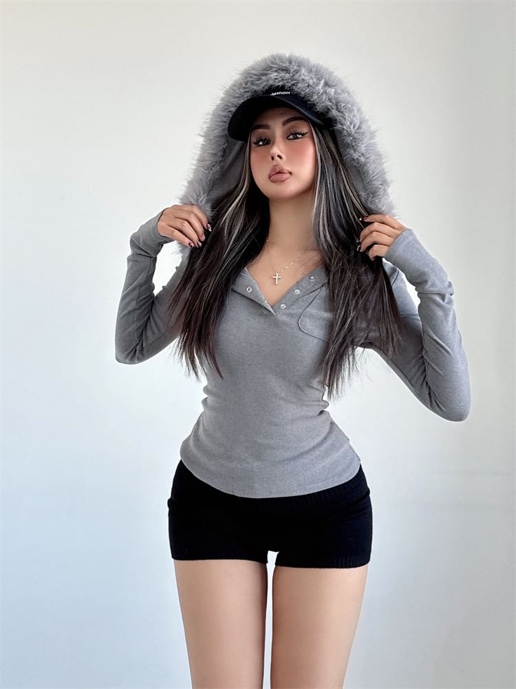 Fluffy Trim Half-Buttoned Slim-Fit Hoodie