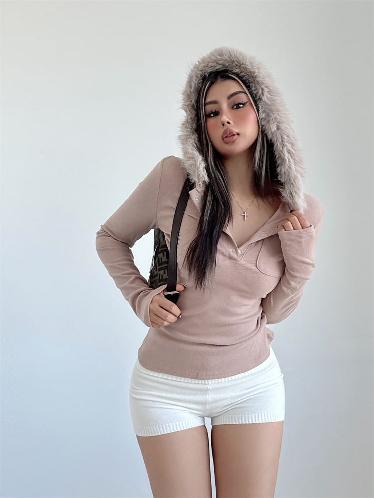 Fluffy Trim Half-Buttoned Slim-Fit Hoodie