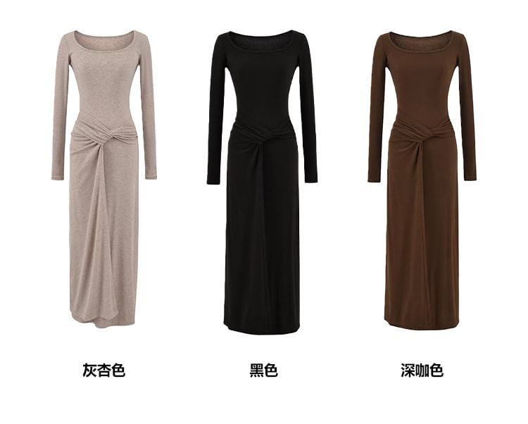 Long-Sleeve Scoop Neck Plain Ruched Maxi Sheath Dress
