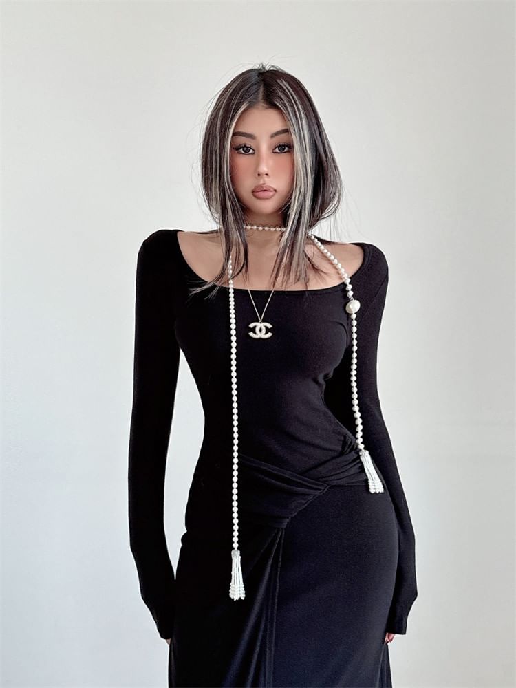 Long-Sleeve Scoop Neck Plain Ruched Maxi Sheath Dress