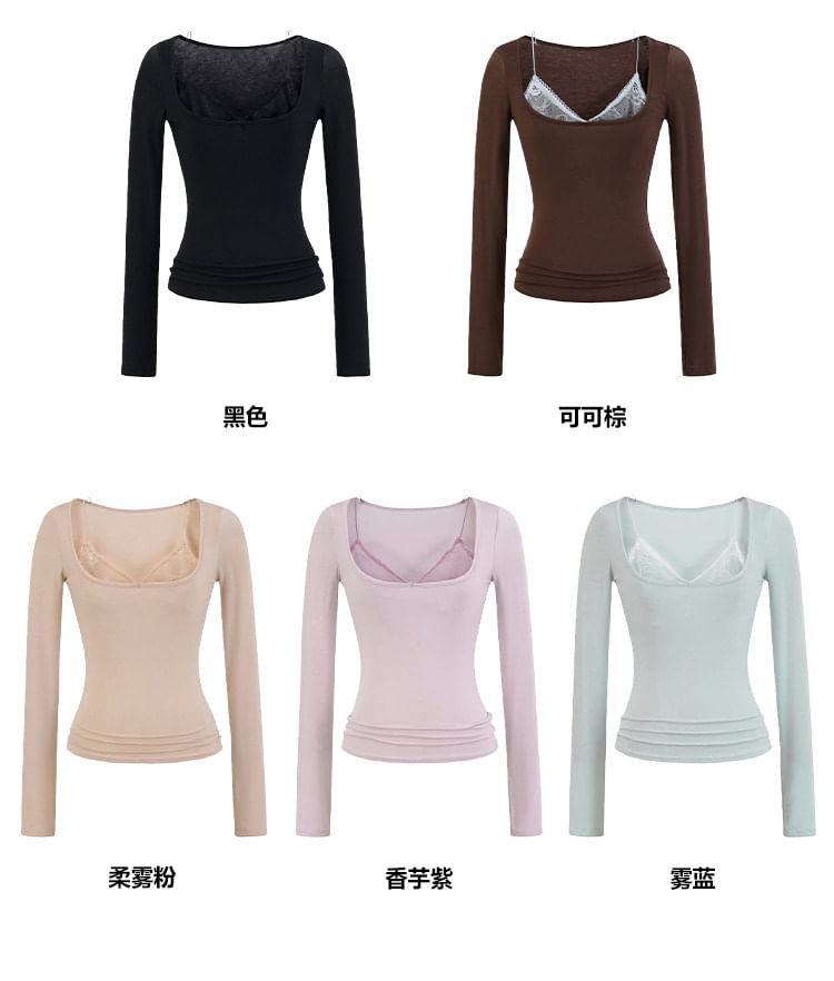 Scoop Neck Lace Panel Slim-Fit Long-Sleeve Mock Two-Piece