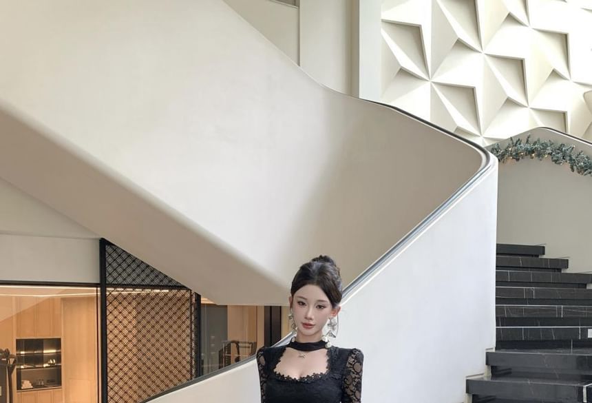 Long-Sleeve Halter Neck Lace Panel Cutout Maxi Mermaid Dress