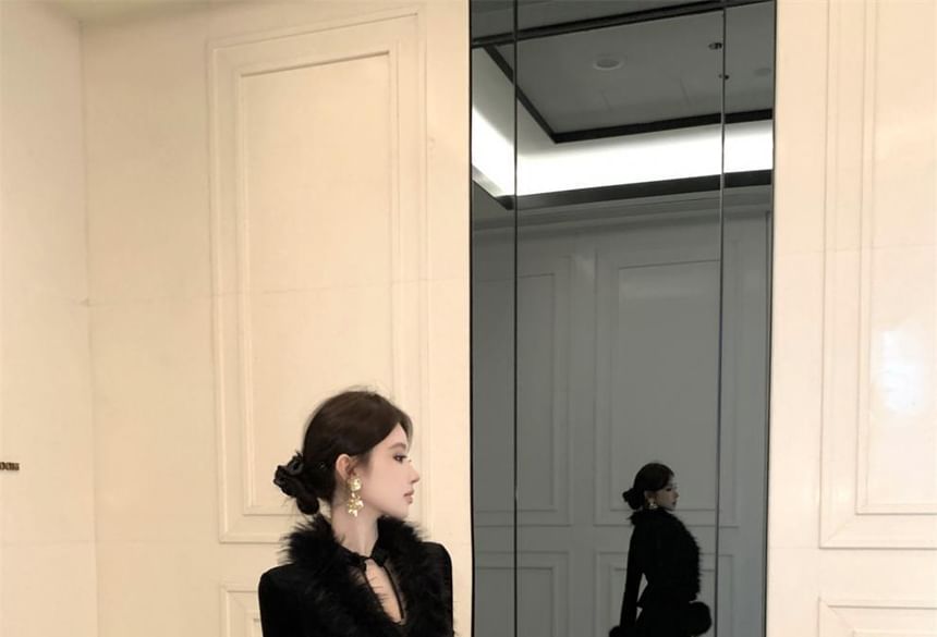 Set: Halter Neck Stand Collar Lace Panel Velvet Maxi Mermaid Dress + V-Neck Plain Fluffy Trim Crop Jacket