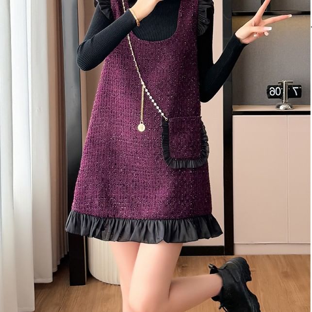 Mock Neck Knit Top & Scoop Neck Frill Tweed Overall Dress