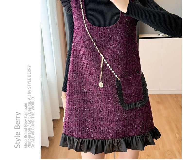 Mock Neck Knit Top & Scoop Neck Frill Tweed Overall Dress
