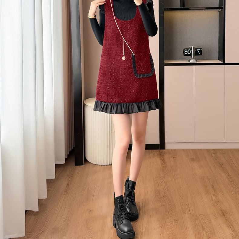 Mock Neck Knit Top & Scoop Neck Frill Tweed Overall Dress