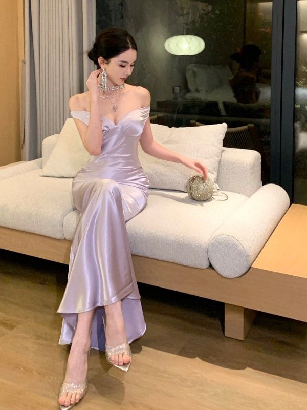 Off Shoulder Satin Plain Maxi Mermaid Dress