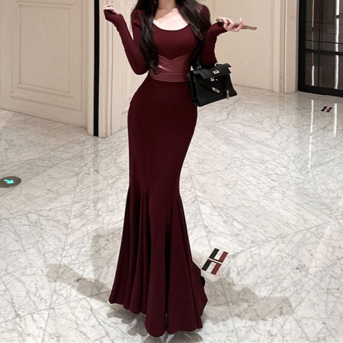 Long-Sleeve Plain Maxi Mermaid Dress