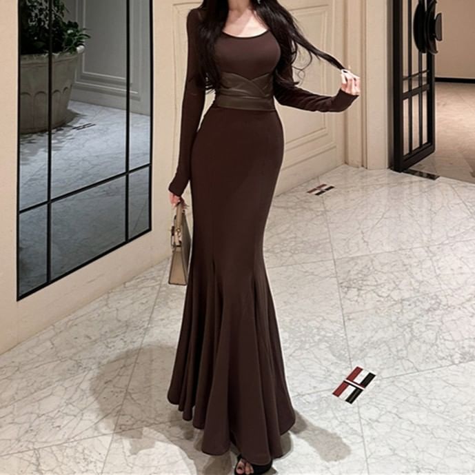 Long-Sleeve Plain Maxi Mermaid Dress