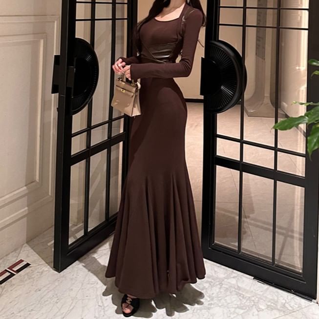 Long-Sleeve Plain Maxi Mermaid Dress