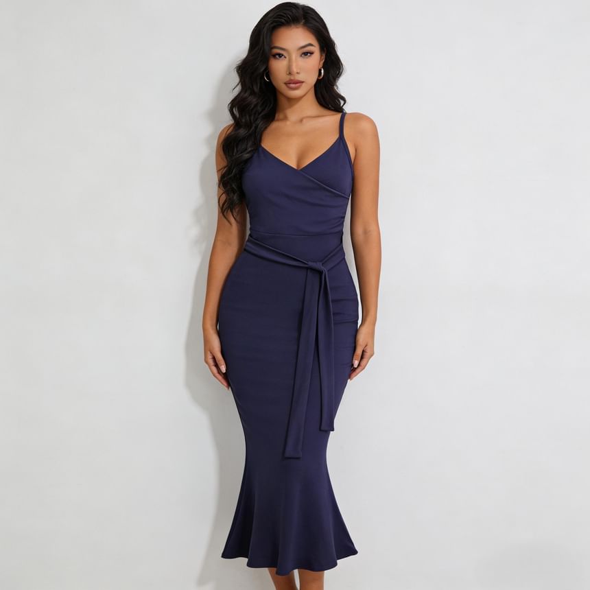 Spaghetti Strap V-Neck Plain Wrap Maxi Bodycon Dress
