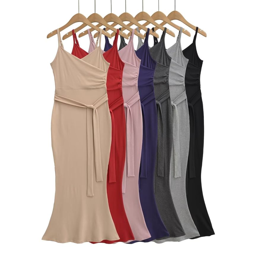 Spaghetti Strap V-Neck Plain Wrap Maxi Bodycon Dress