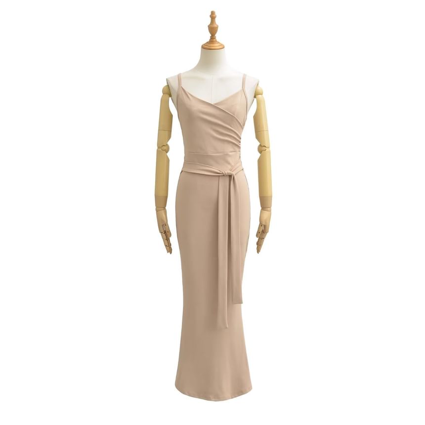 Spaghetti Strap V-Neck Plain Wrap Maxi Bodycon Dress