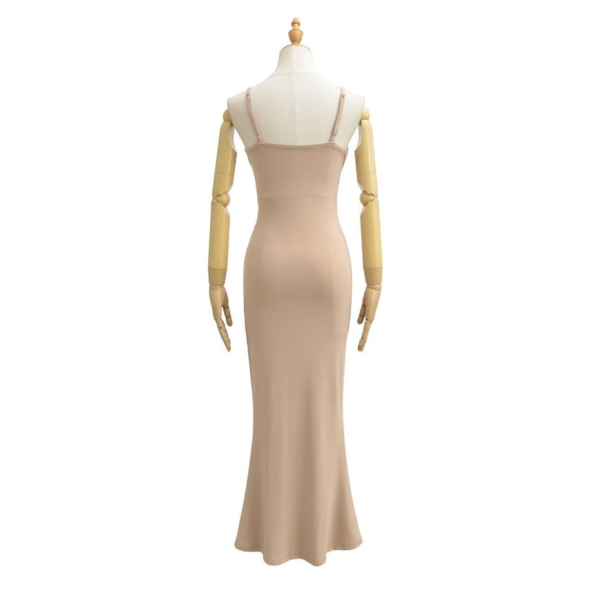 Spaghetti Strap V-Neck Plain Wrap Maxi Bodycon Dress